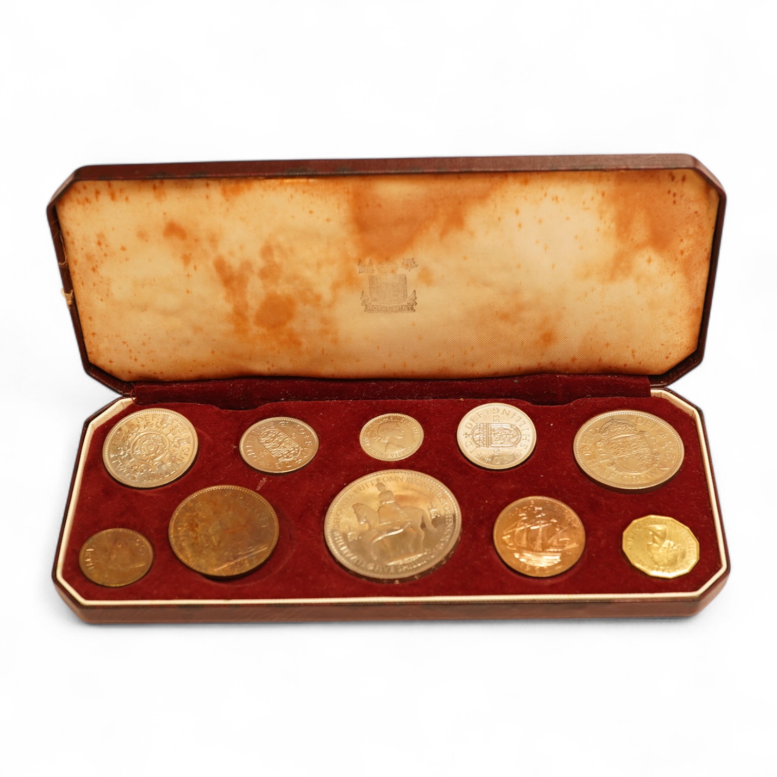 British coins, Elizabeth II, 1953 coronation proof coin set, UNC retaining much lustre, the fitted case with staining to the interior